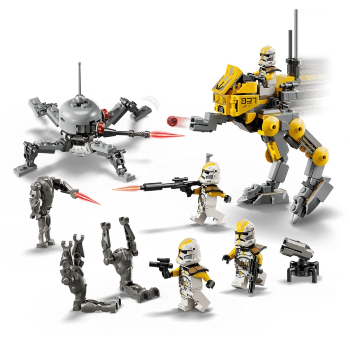 The completed LEGO® Star Wars AT-RT walker firing red studs at an opposing Separatist Spider Droid model.