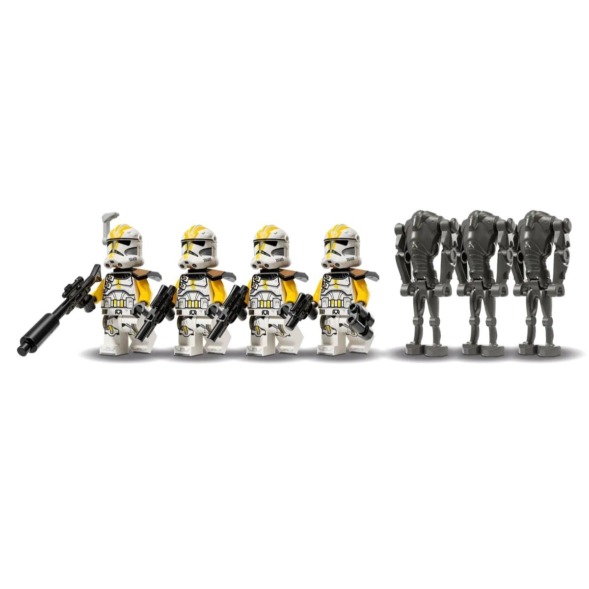 The seven included characters featuring four 327th Star Corps Clone Troopers and three Super Battle Droids standing in a row.