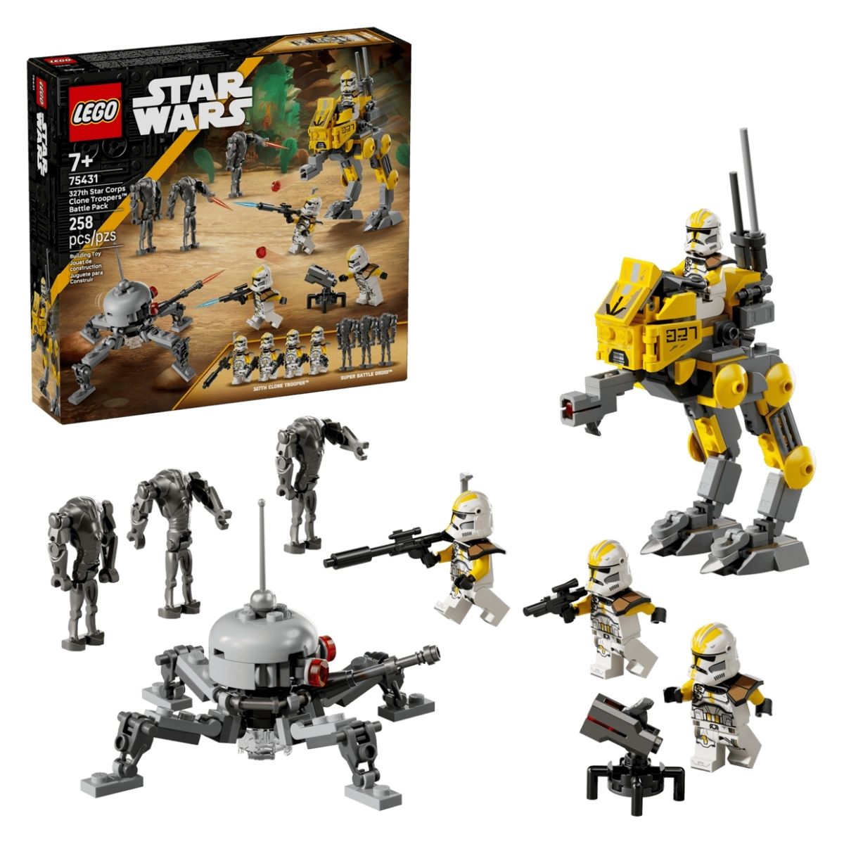 LEGO® Star Wars set 75431 packaging box next to an assembled yellow AT-RT walker, Spider Droid, and seven battle figures.