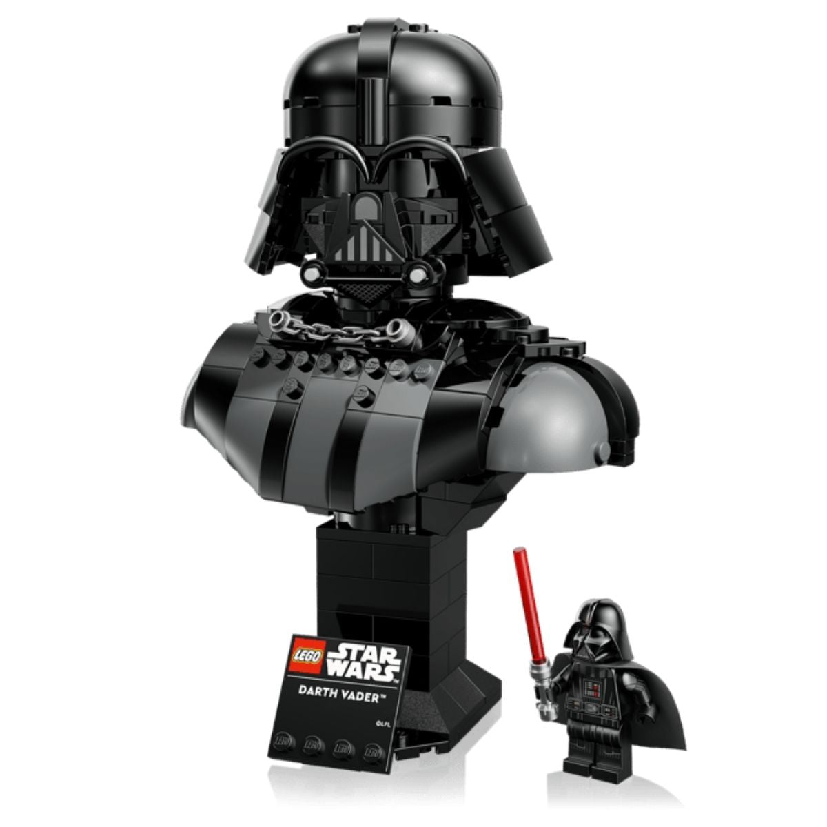 The completed LEGO® Darth Vader bust on a black pedestal stand with a Star Wars nameplate and the Darth Vader minifigure.