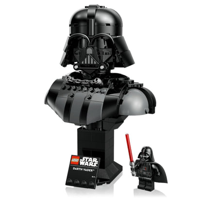 The completed LEGO® Darth Vader bust on a black pedestal stand with a Star Wars nameplate and the Darth Vader minifigure.