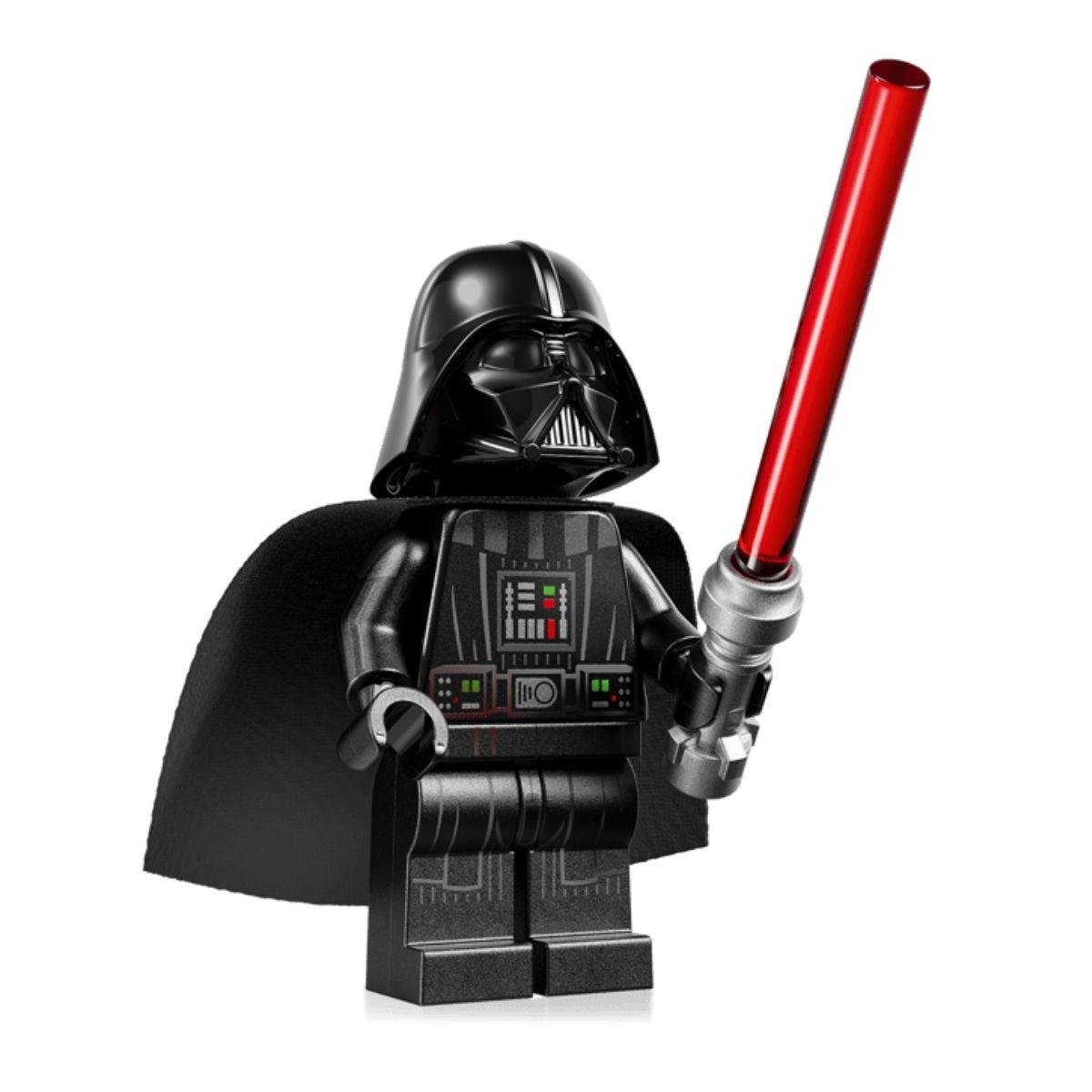 Close-up shot of the included LEGO® Darth Vader minifigure wearing a fabric cape and wielding his ignited red lightsaber.
