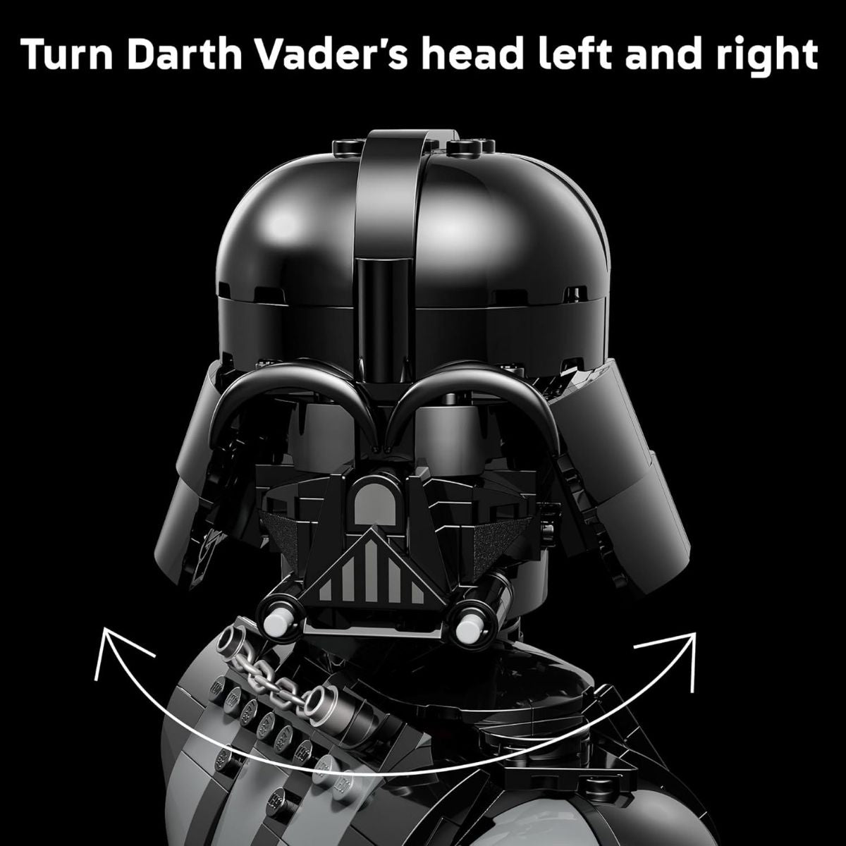 Graphic demonstrating the rotating play feature showing how to turn Darth Vader's brick-built head left and right.