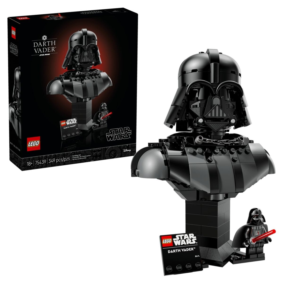 LEGO® Star Wars set 75439 packaging box alongside the assembled Darth Vader bust and matching minifigure on a display stand.