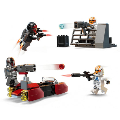 The Mandalorian speeder firing red studs toward the Clone Trooper barricade defense station.