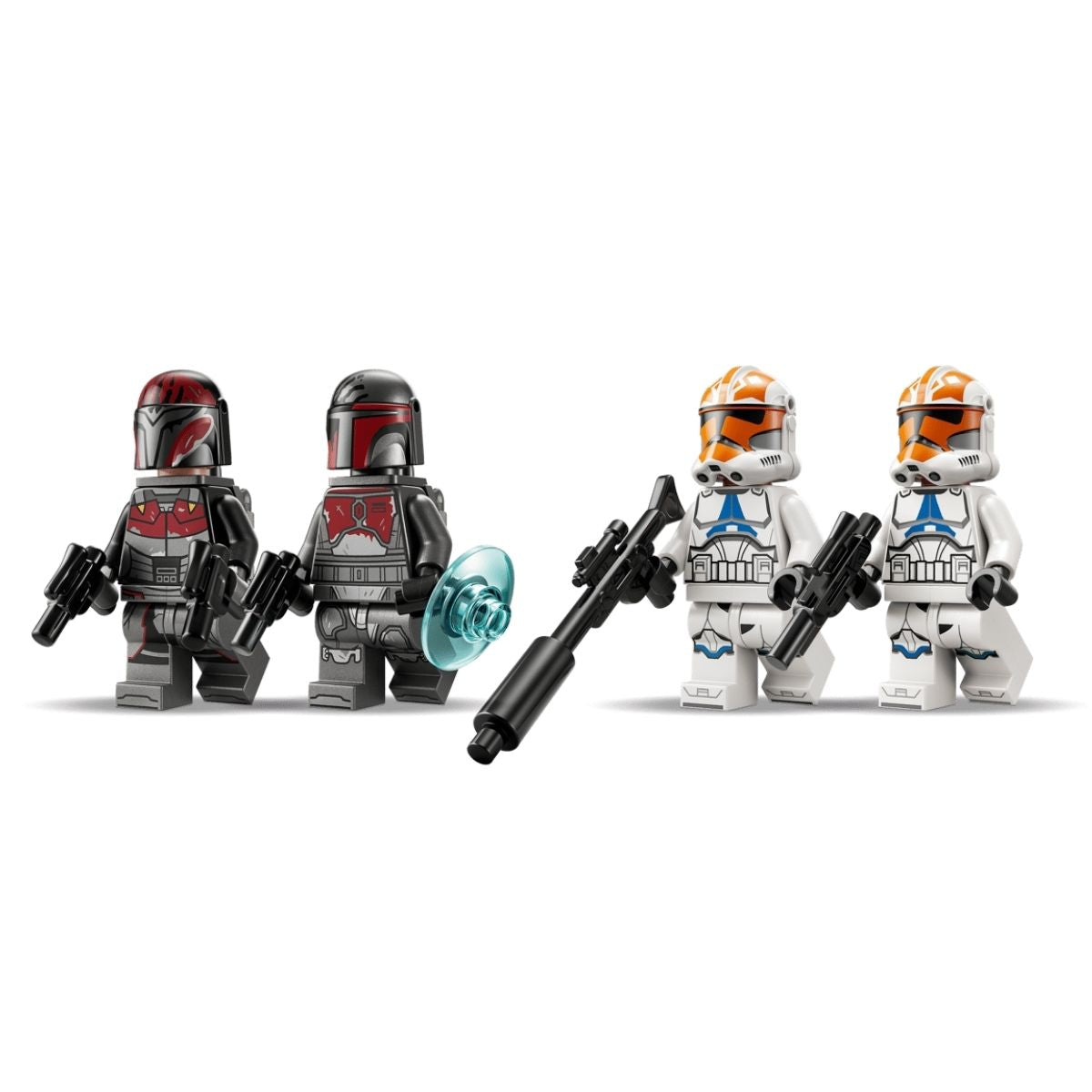 The four included LEGO® Star Wars minifigures featuring two Mandalorian Super Commandos and two 332nd Clone Troopers standing in a row.