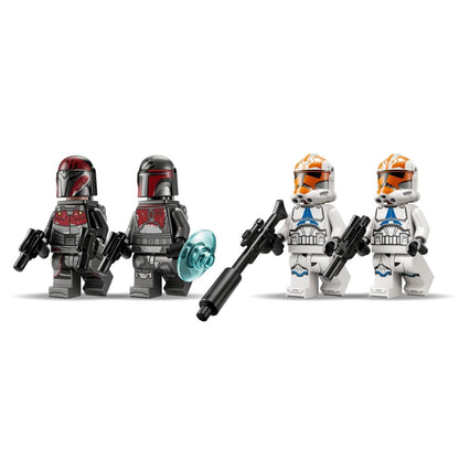 The four included LEGO® Star Wars minifigures featuring two Mandalorian Super Commandos and two 332nd Clone Troopers standing in a row.
