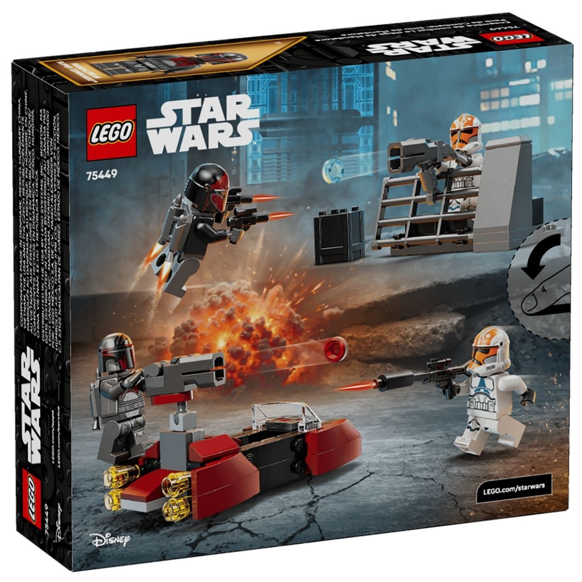 The back of the official LEGO® Star Wars Siege of Mandalore retail box showing the stud-shooting play features.
