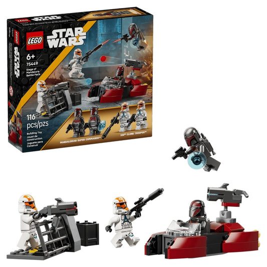 LEGO® Star Wars set 75449 retail box packaging next to Mandalorian commandos fighting 332nd Clone Troopers with a speeder.
