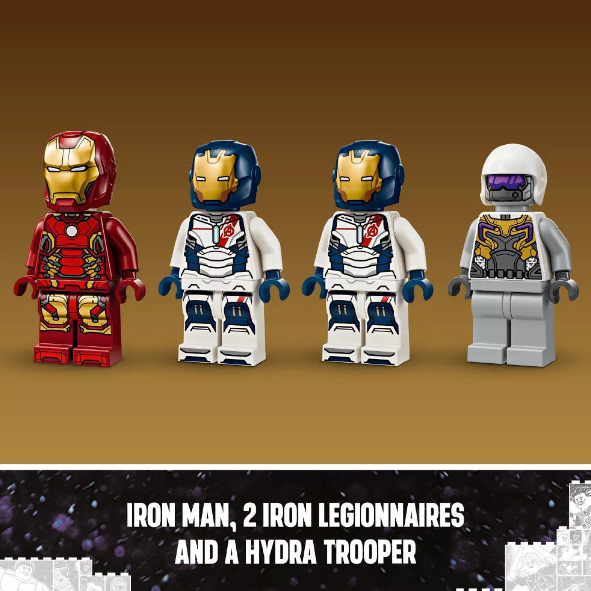 Four LEGO figures on a brown background, including Iron Man, two Iron Legionnaires, and a Hydra Trooper.