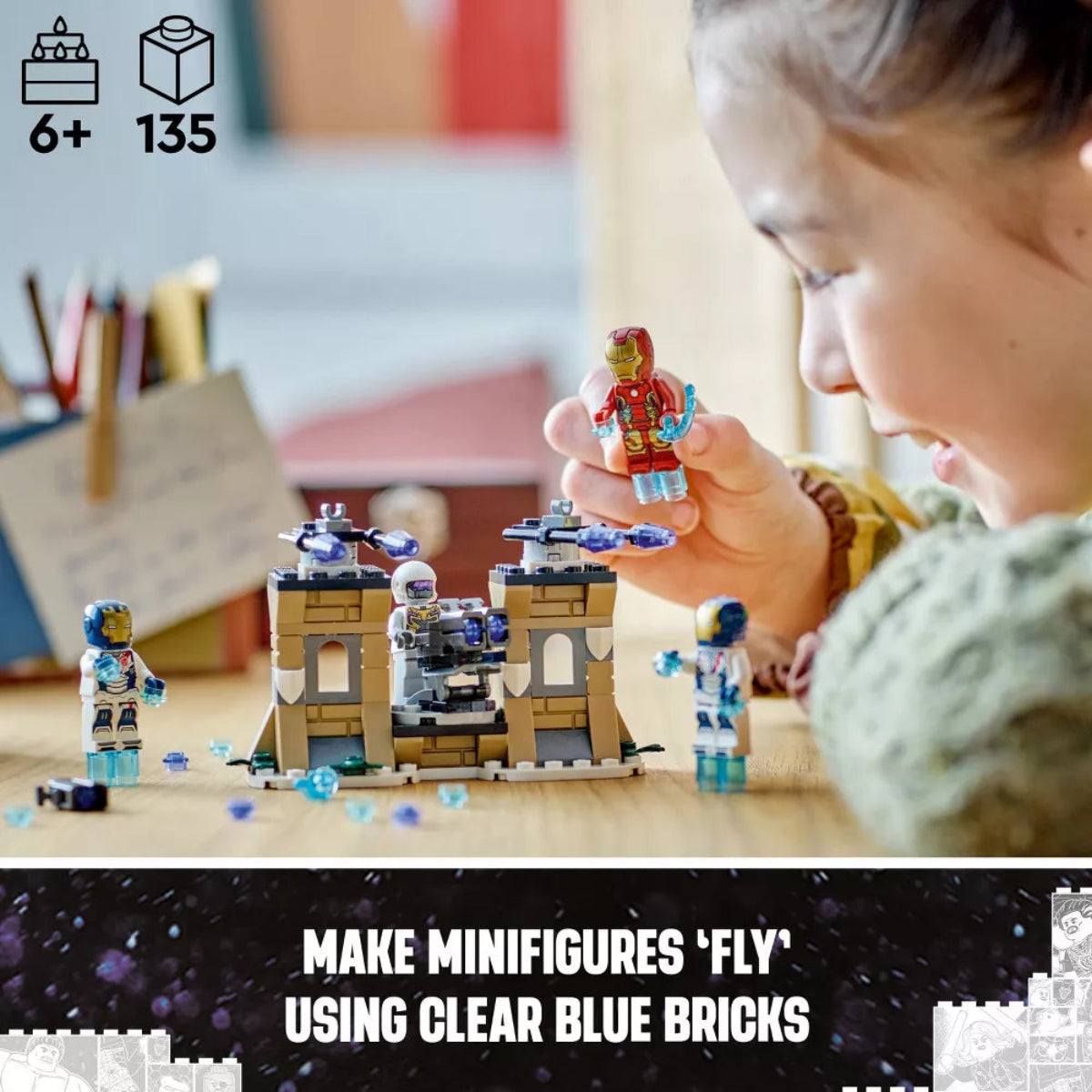 Child playing with a toy set on a table, with text about making minifigures 'fly' using clear blue bricks.