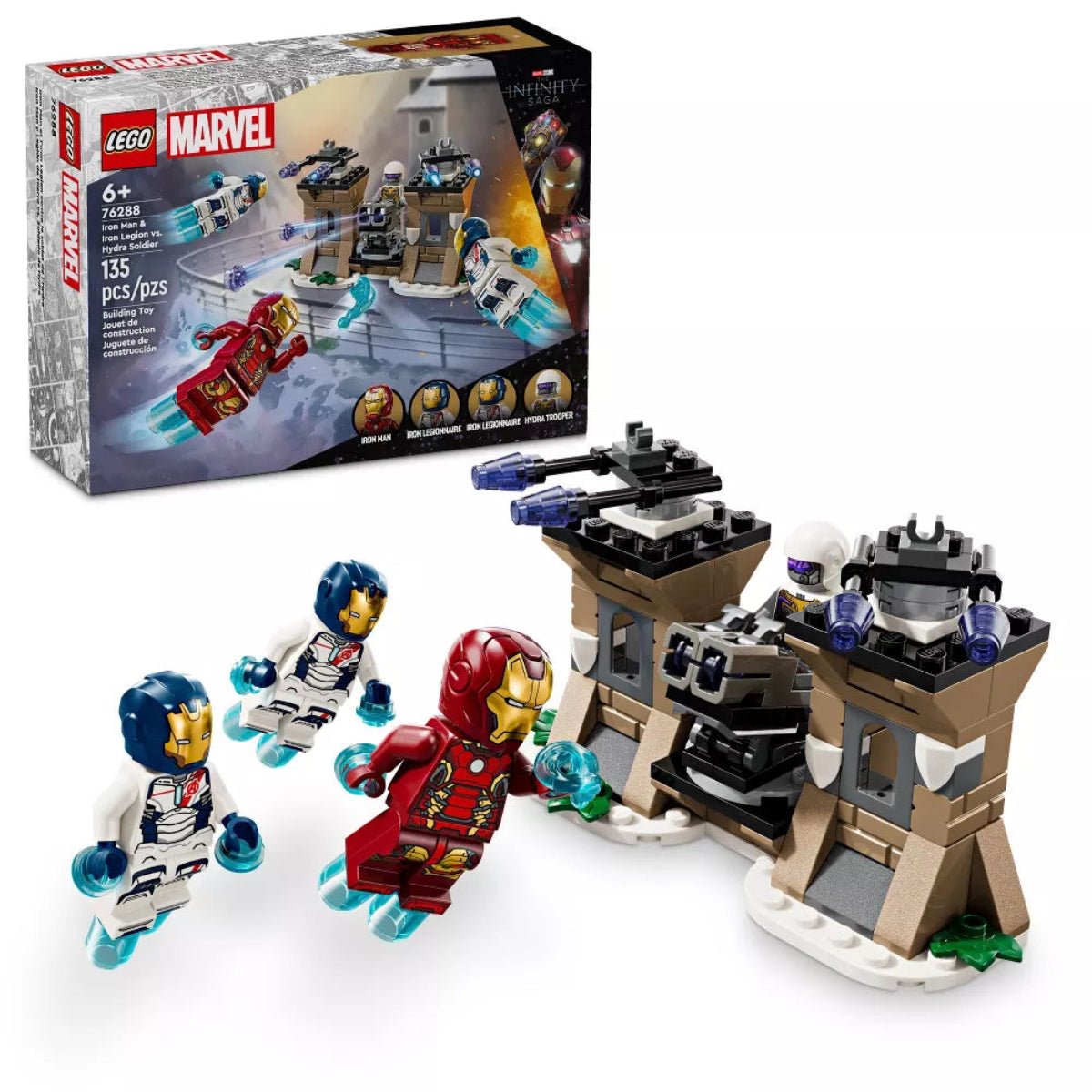 LEGO Marvel set with characters and building pieces on a white background