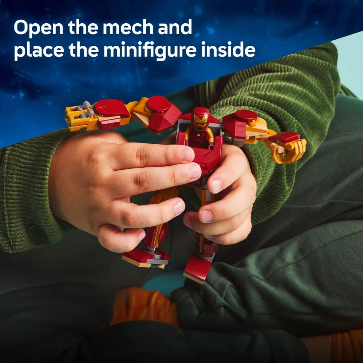 Child playing with a toy mech and minifigure, with text instructions on opening the mech and placing the minifigure inside.