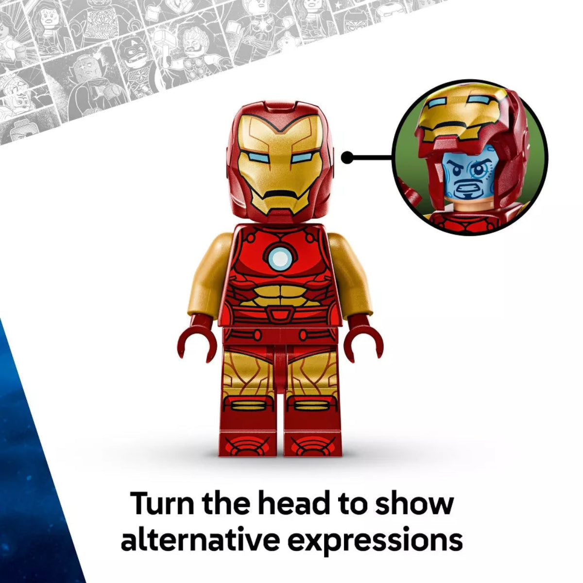 LEGO Iron Man figure with a close-up of the head showing different expressions on a white background.