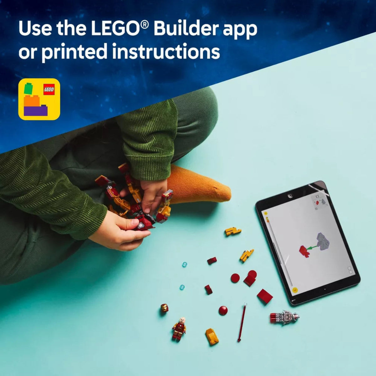 Child playing with LEGO bricks and a tablet on a light blue floor, with LEGO branding visible.
