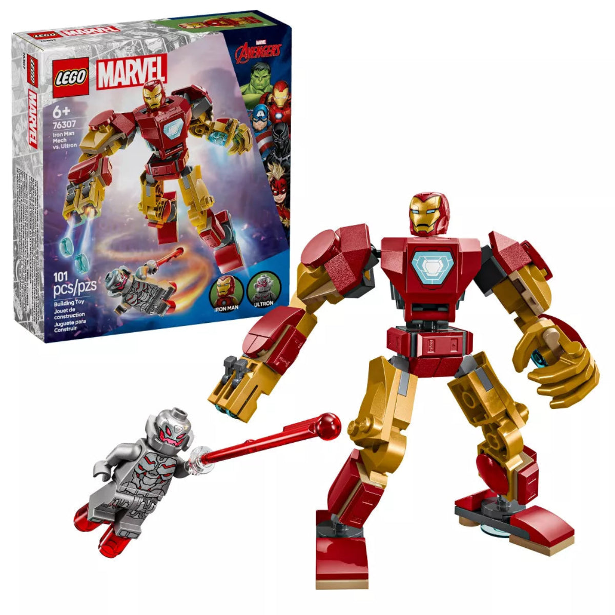 LEGO Iron Man robot set with packaging on a white background