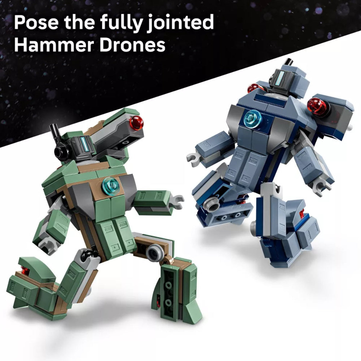 Two robot models, one green and one gray, on a white background with text about fully jointed Hammer Drones.