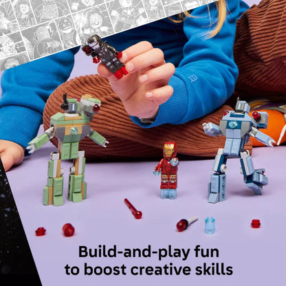 Children playing with building block robots on a table.