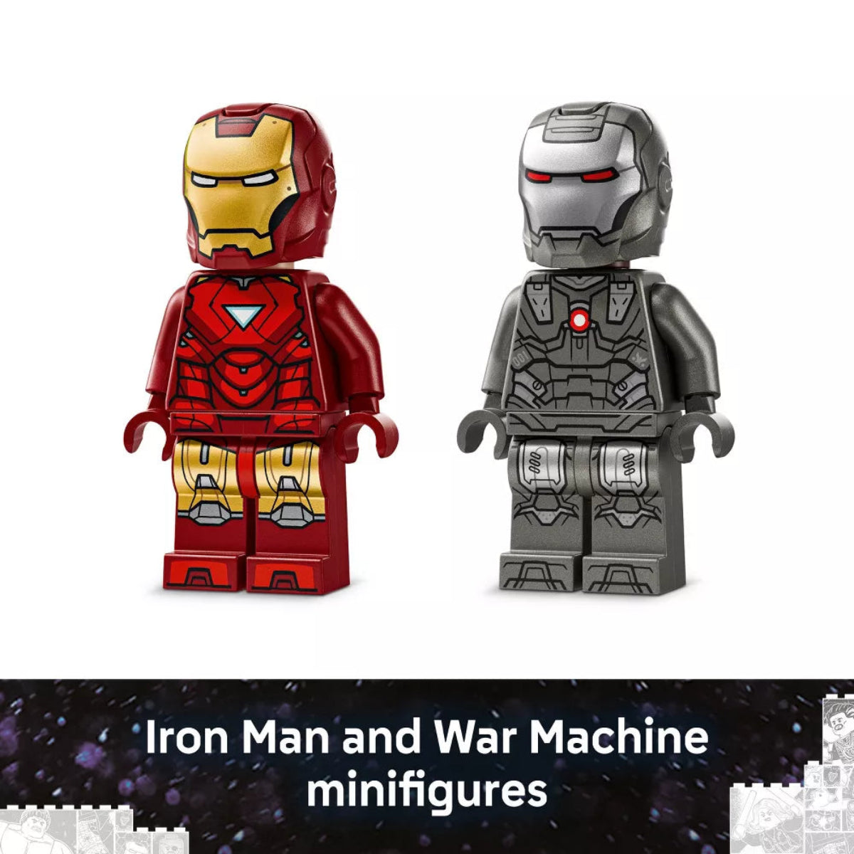Two LEGO minifigures, Iron Man and War Machine, on a white background with text below.