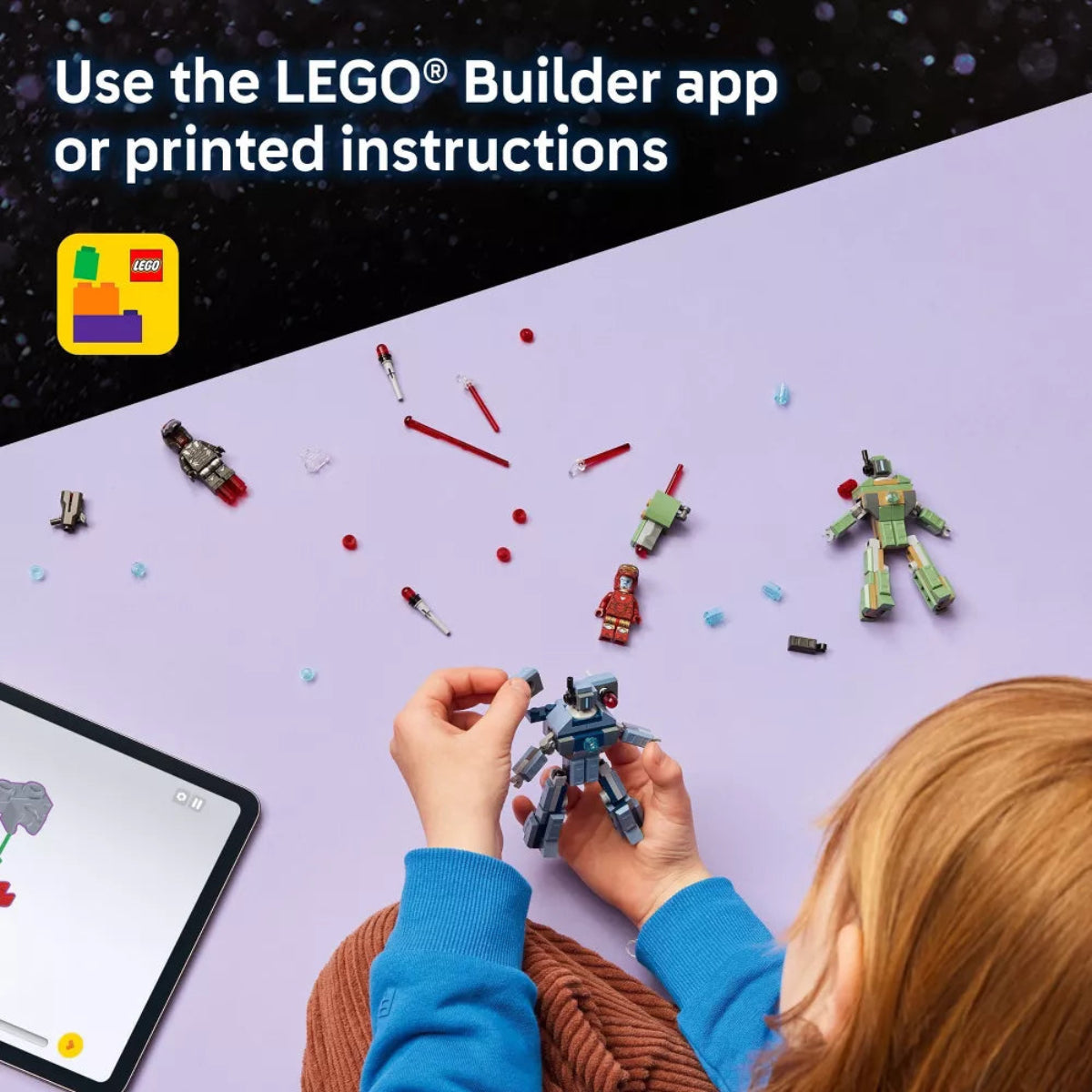 Child playing with LEGO toys on a table with a tablet displaying the LEGO Builder app.