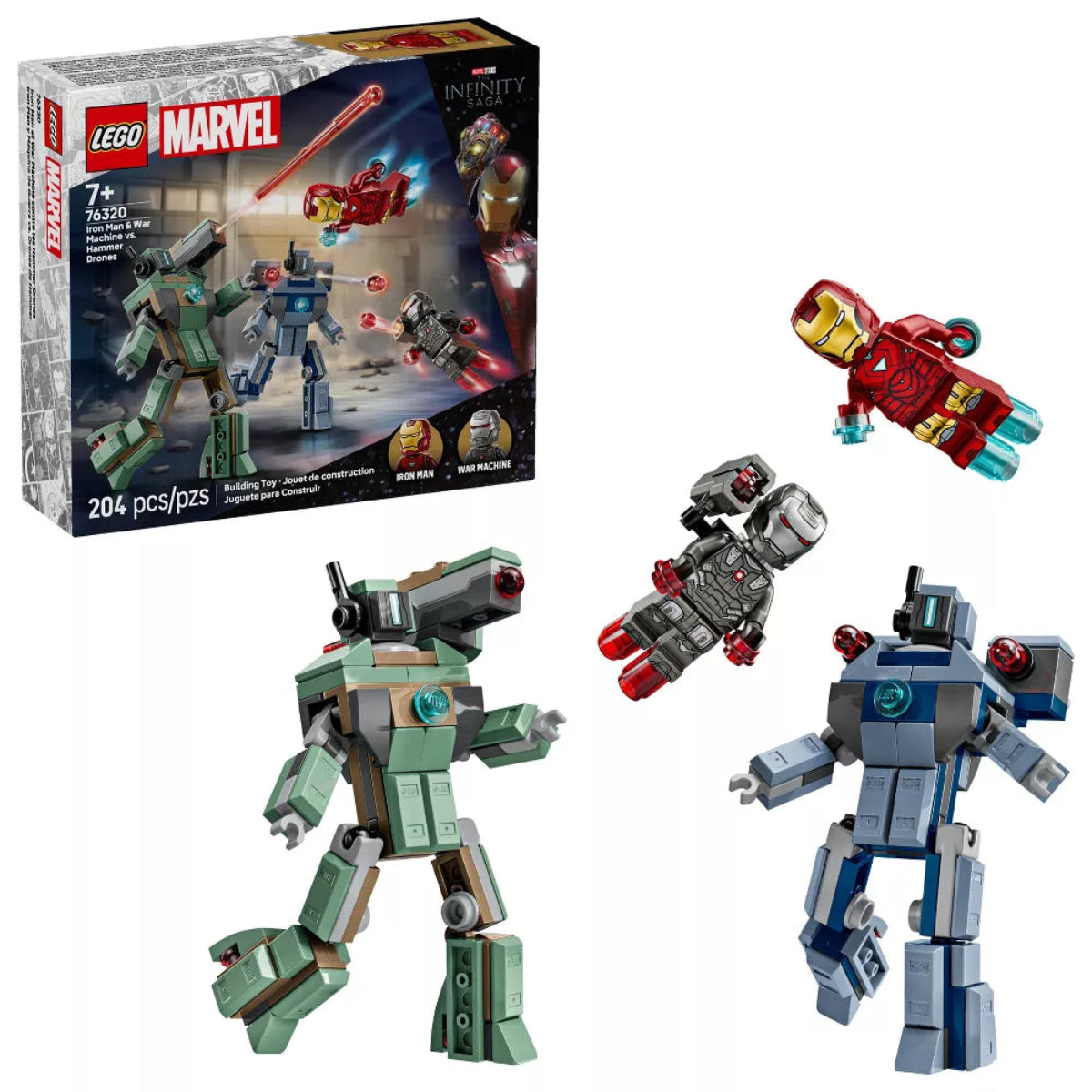 LEGO Marvel robot toy set with packaging on a white background