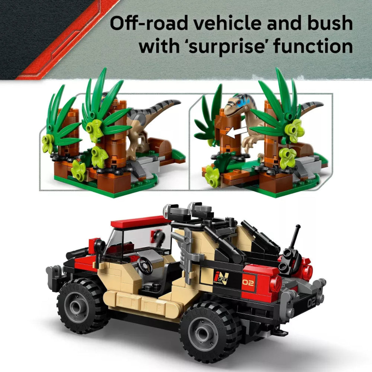 Toy off-road vehicle with bush and 'surprise' function elements on a white background