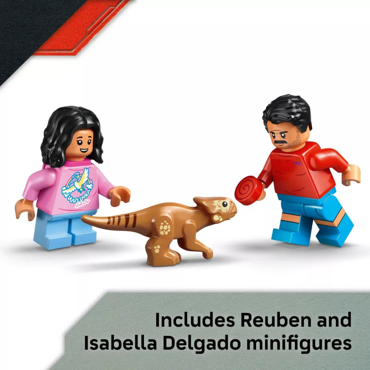 Two LEGO minifigures, a boy and a girl, with a dinosaur on a white background.