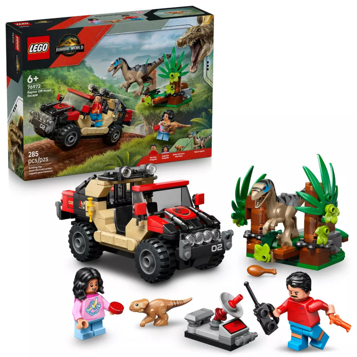 LEGO Jurassic World set with vehicle, figures, and dinosaurs on a white background