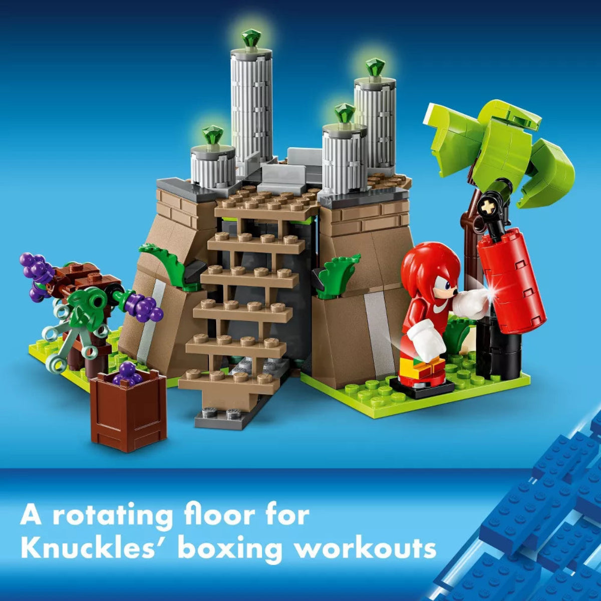 LEGO set with characters and structures on a blue background