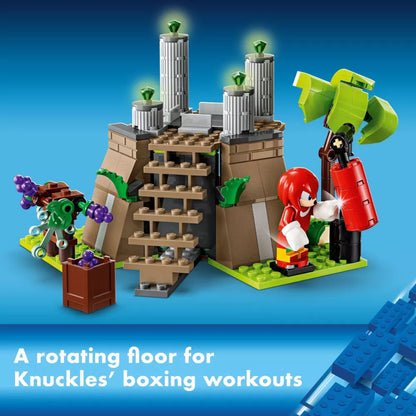 LEGO set with characters and structures on a blue background