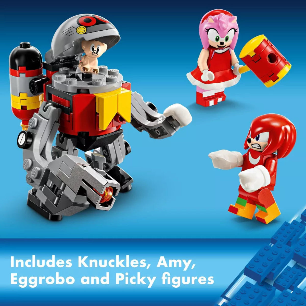 LEGO set with Knuckles, Amy, Eggrobo, and Picky figures on a blue background