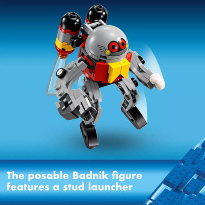 Toy figure with a stud launcher on a blue background