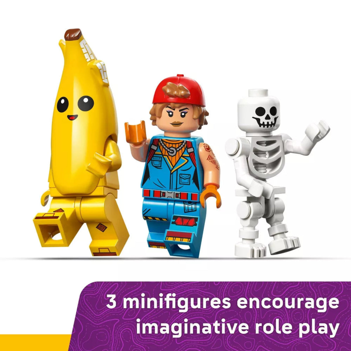 Three LEGO minifigures including a banana, a person in a blue outfit, and a skeleton on a white background.