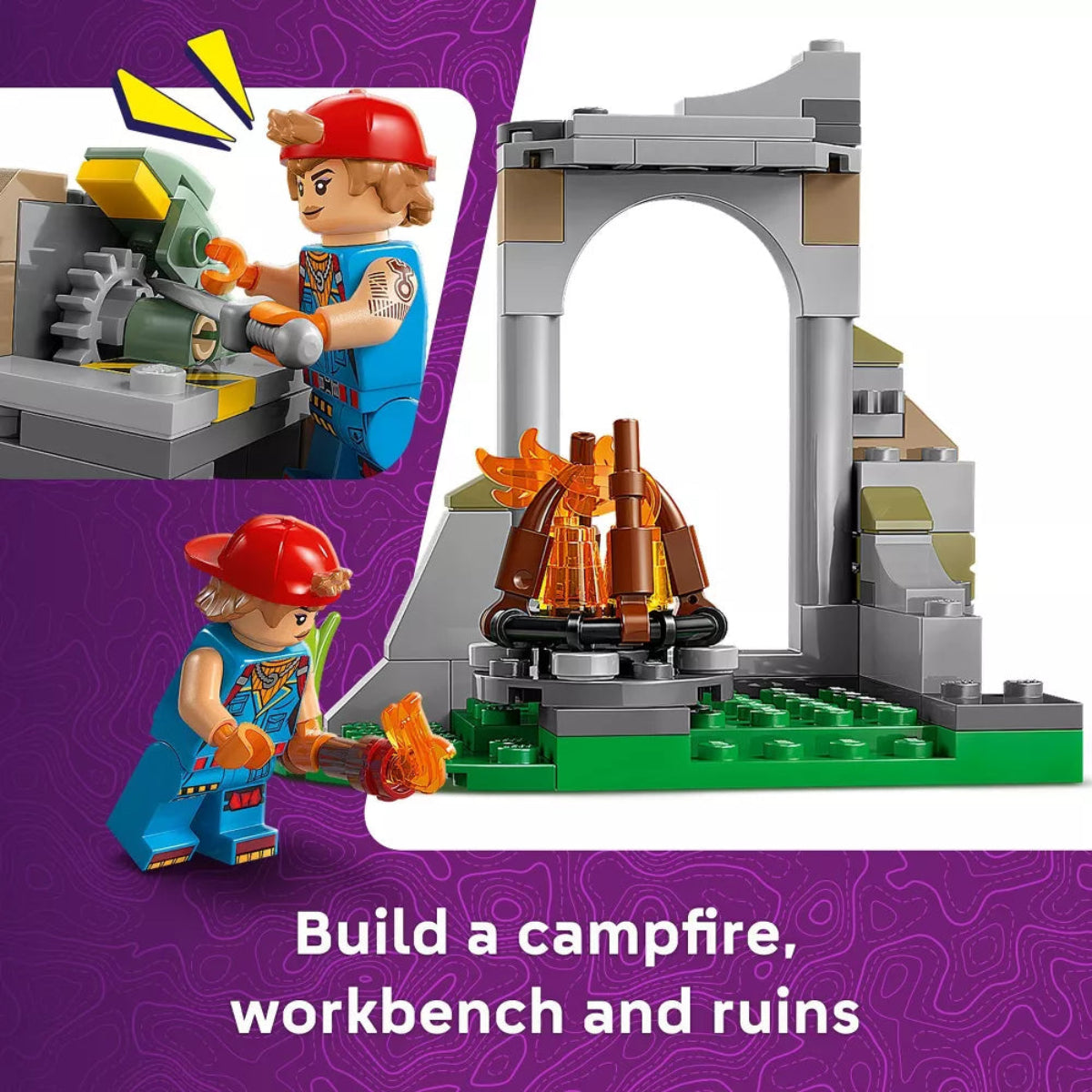 LEGO set with characters building a campfire, workbench, and ruins on a purple background.