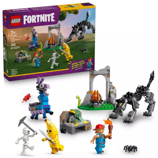 LEGO Fortnite set with characters and structures on a white background