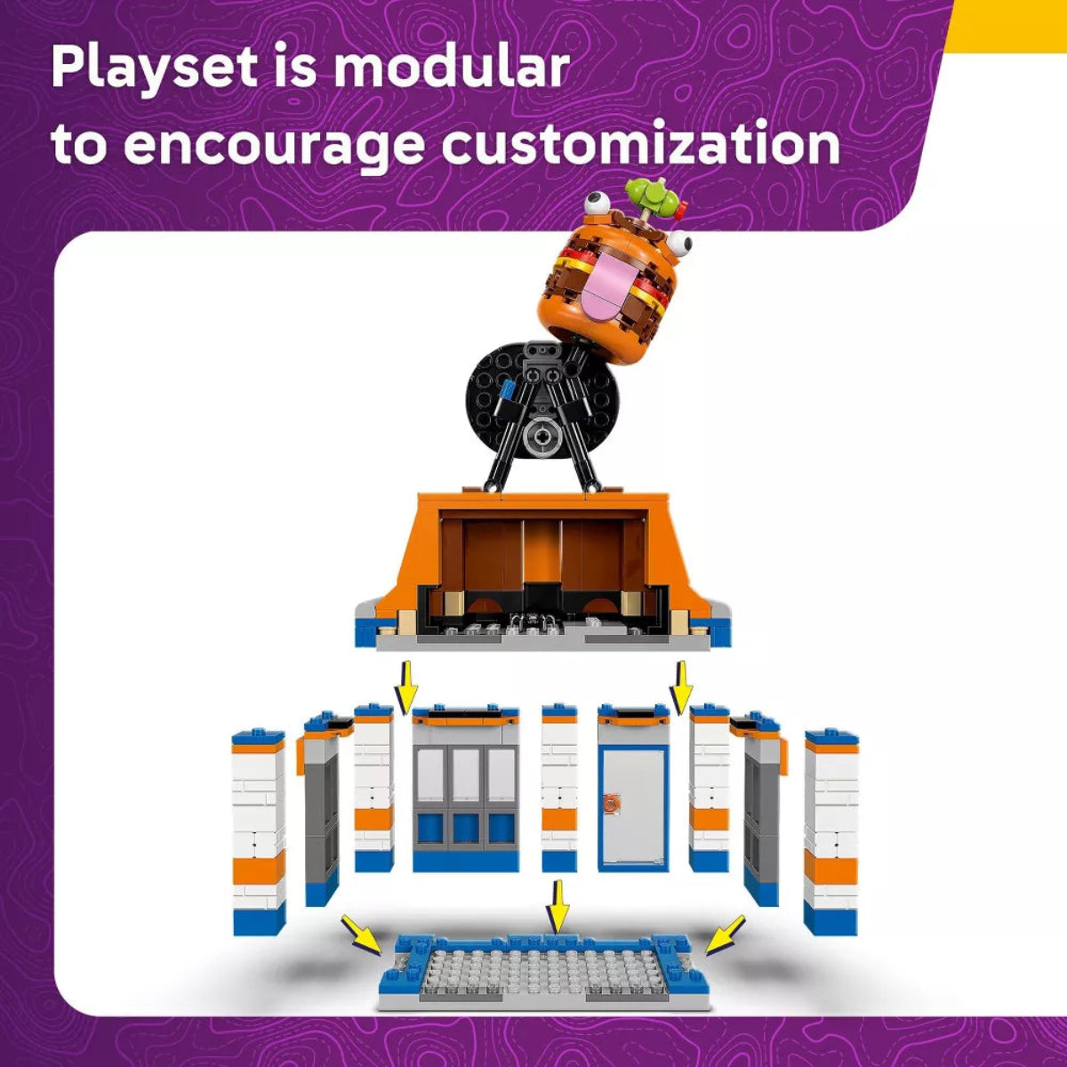 Modular playset with customizable components on a purple background