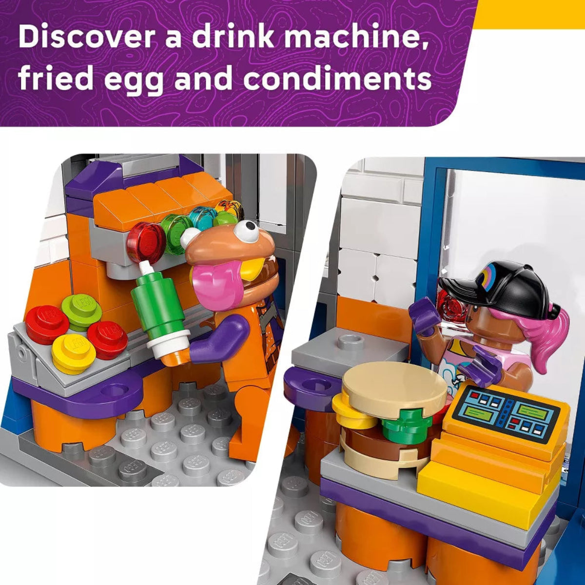LEGO set with a drink machine, fried egg, and condiments on a purple and yellow background.