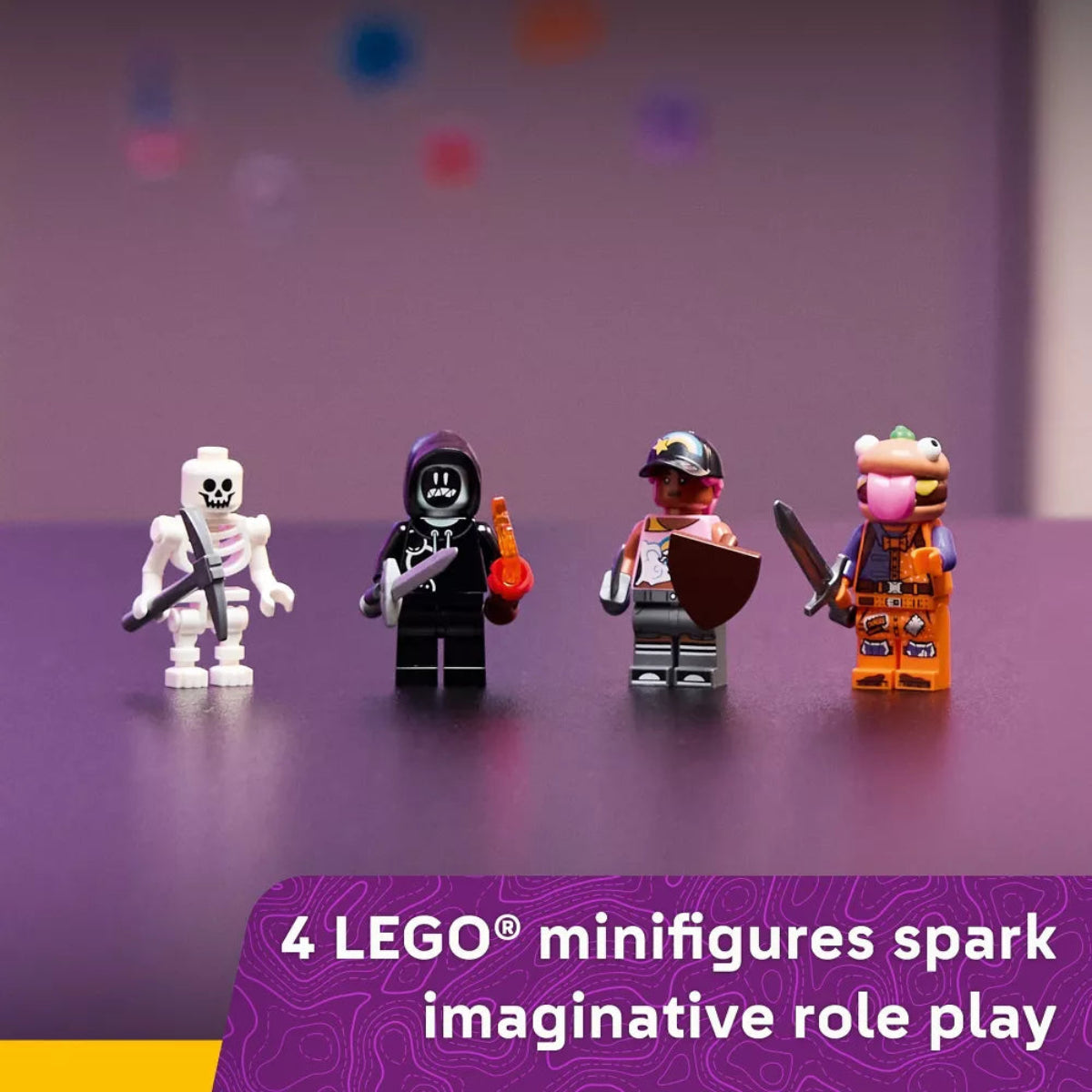 Four LEGO minifigures on a purple surface with colorful dots in the background.