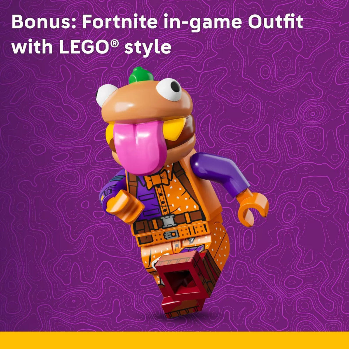 Toy figure with a unique design on a purple background, featuring text about a Fortnite in-game outfit with LEGO style.