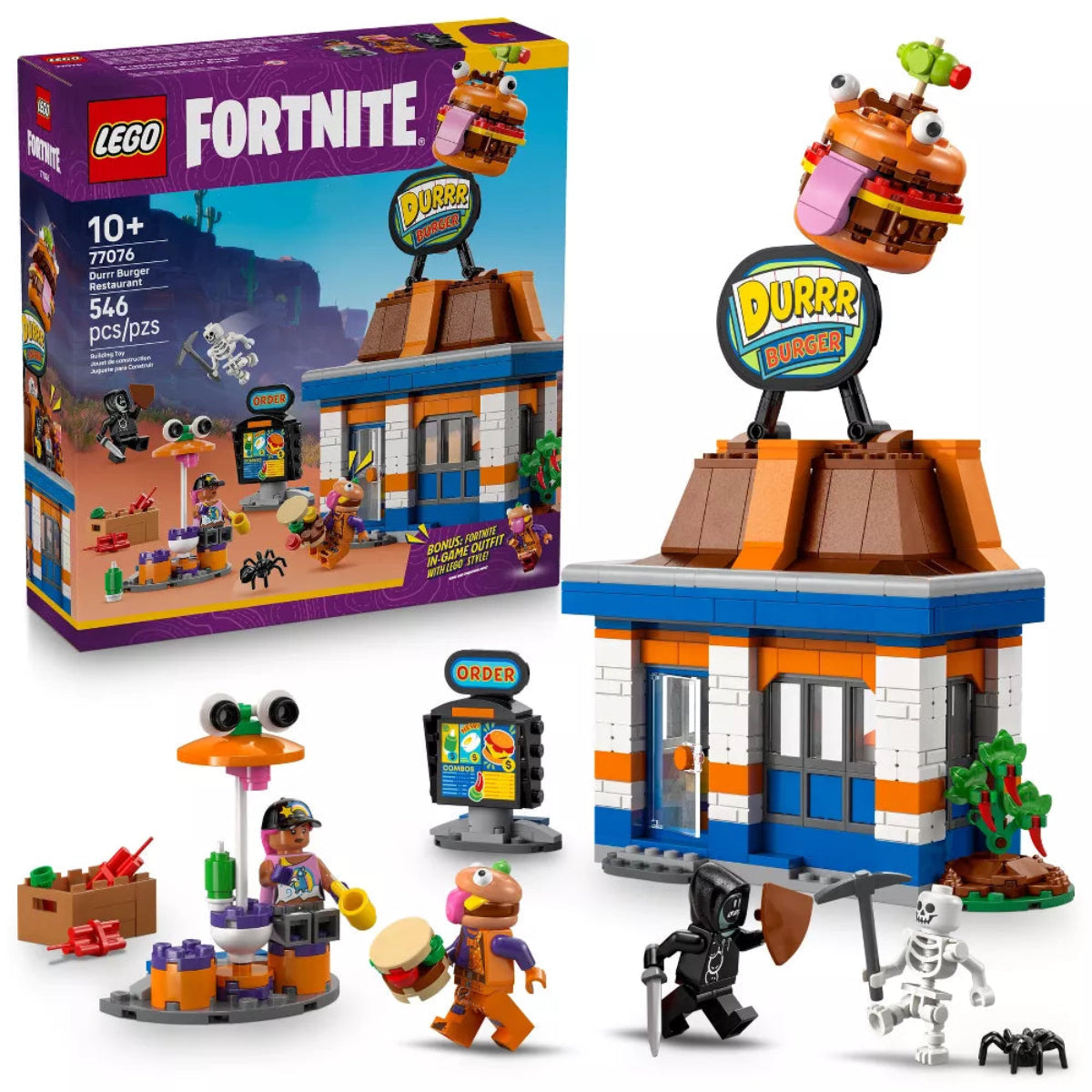 LEGO Fortnite Durr Burger set with packaging and mini figures on a white background