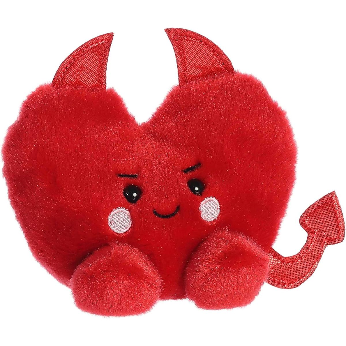 Aurora 5-inch Palm Pals Klaus Heart plush toy showing its crimson-red heart body, pointed red devil horns, curved spade-tipped tail, and a mischievous smiling face with angled eyebrows.