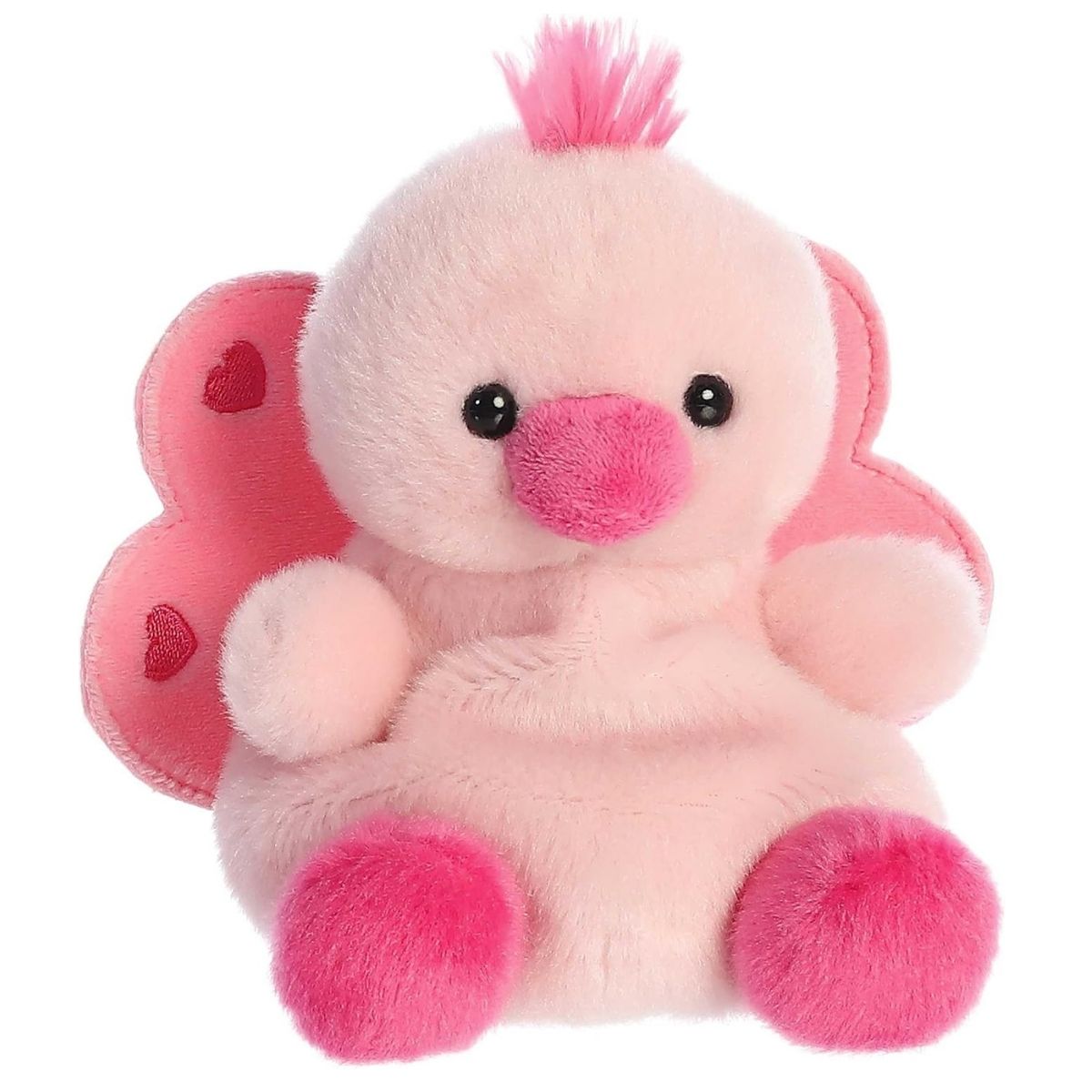 Aurora 5-inch Palm Pals Freya Peacock plush toy sitting forward showing its pastel pink body, bright hot-pink beak and feet, fuzzy pink head crest, and heart-detailed tail feather fan behind it.