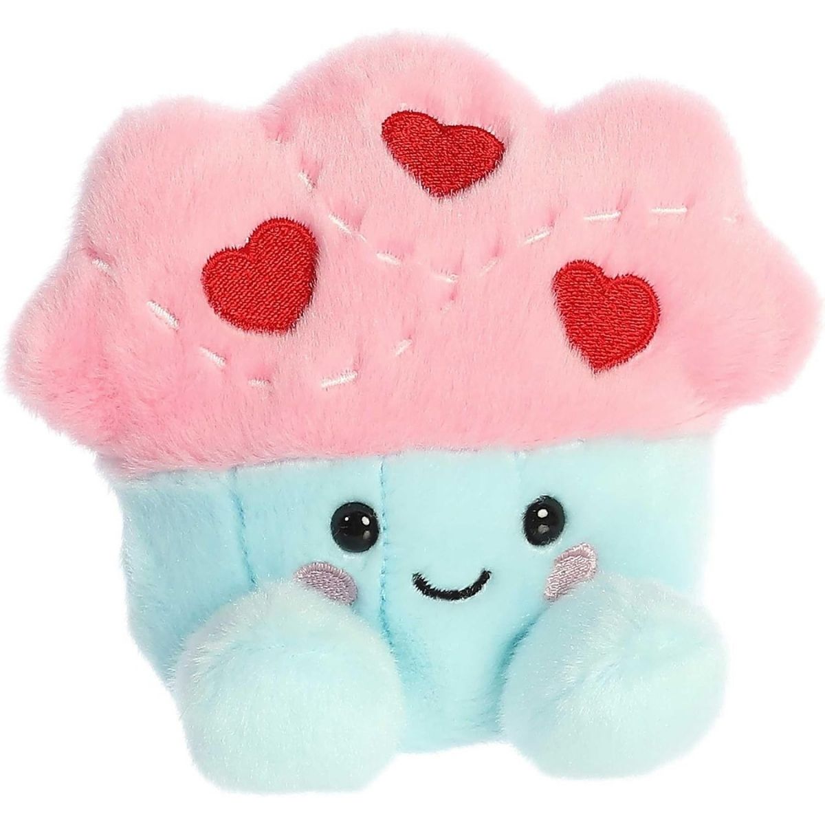 Aurora 5-inch Palm Pals Candace Cupcake plush toy showing its fluffy pastel pink frosting with red embroidered hearts, a mint-blue wrapper base, and a happy smiling face.