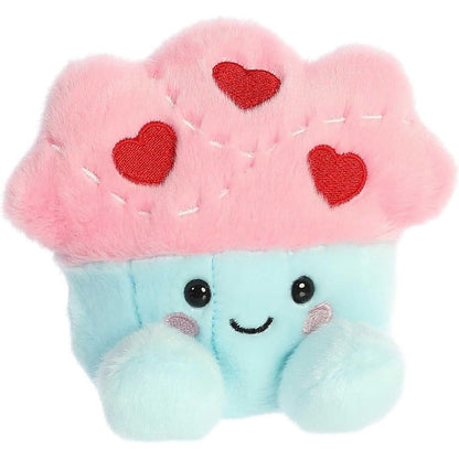 Aurora 5-inch Palm Pals Candace Cupcake plush toy showing its fluffy pastel pink frosting with red embroidered hearts, a mint-blue wrapper base, and a happy smiling face.