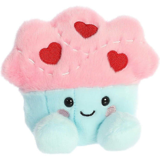 Aurora 5-inch Palm Pals Candace Cupcake plush toy showing its fluffy pastel pink frosting with red embroidered hearts, a mint-blue wrapper base, and a happy smiling face.