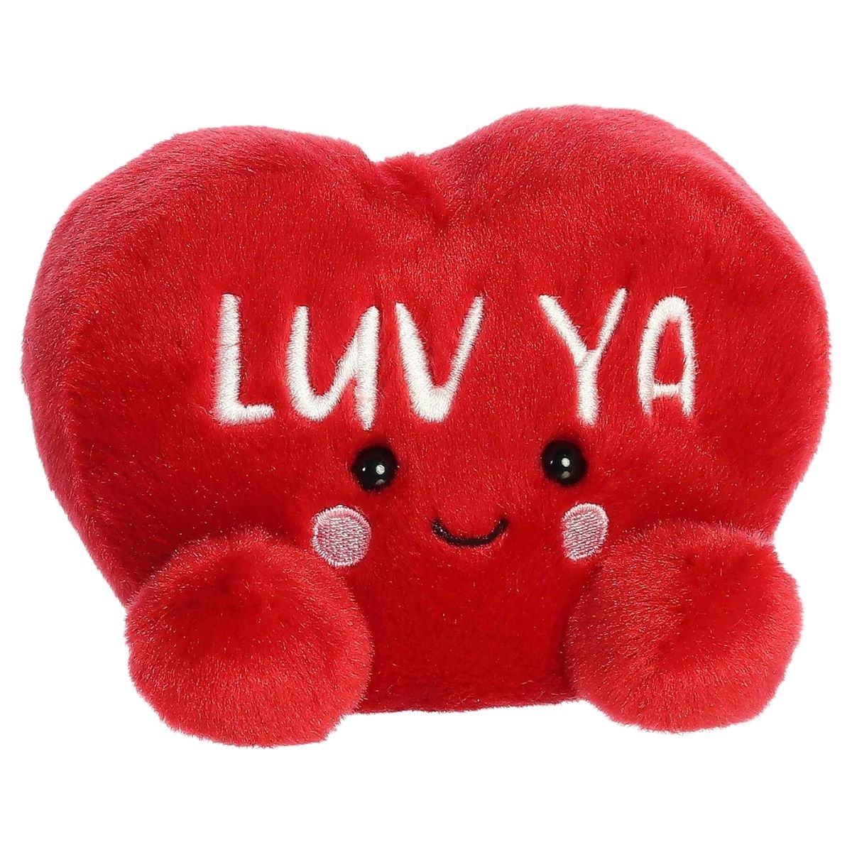 Aurora 5-inch Palm Pals Luv Ya Candy Heart plush toy sitting forward showing its red plush heart shape and white embroidered text.