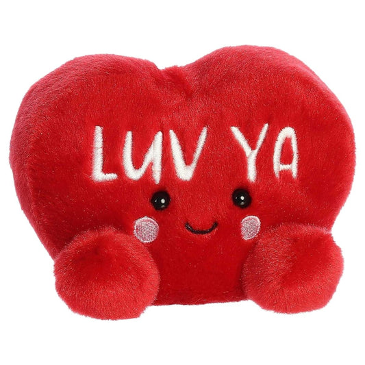 Aurora 5-inch Palm Pals Luv Ya Candy Heart plush toy sitting forward showing its red plush heart shape and white embroidered text.