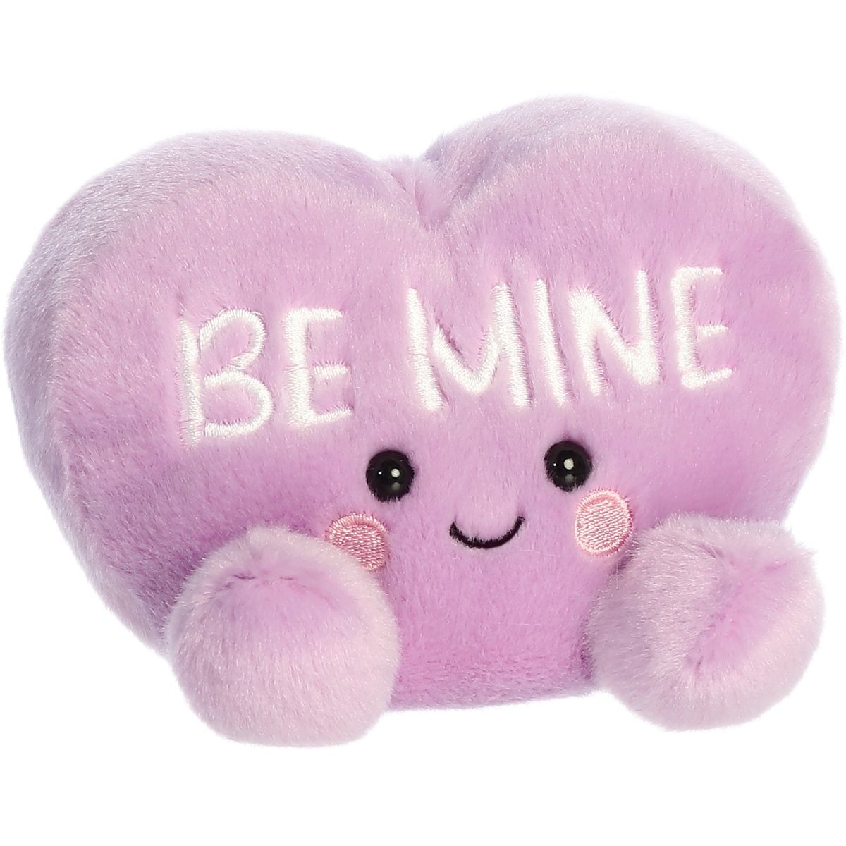 Aurora 5-inch Palm Pals Be Mine Candy Heart plush toy showing its pastel lavender heart-shaped body, embroidered white block lettering, small feet, and smiling face.