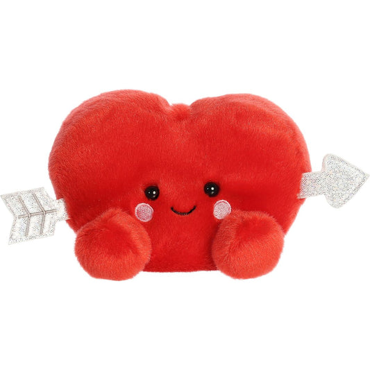 Aurora 5-inch Palm Pals Paolo Cupid Heart plush toy showing its vibrant red heart-shaped body, shimmering silver arrow, small feet, and smiling face.