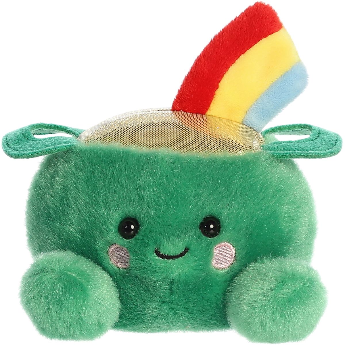 Straight-on front view of the cute pot of gold plush showing its sweet embroidered smile, pink cheeks, and metallic gold top.